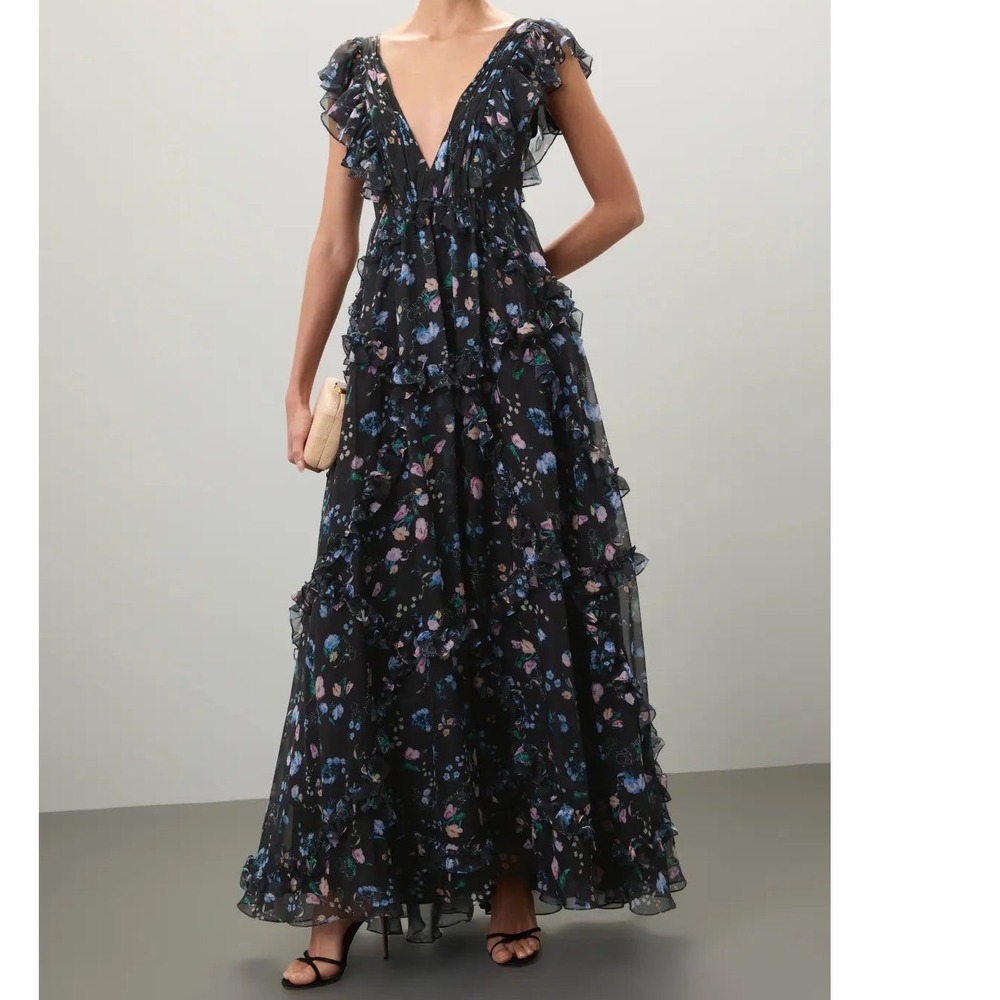 Mac Duggal Floral Ruffle Tiered Chiffon Maxi Gown Black Blue Pink Size 6 e5